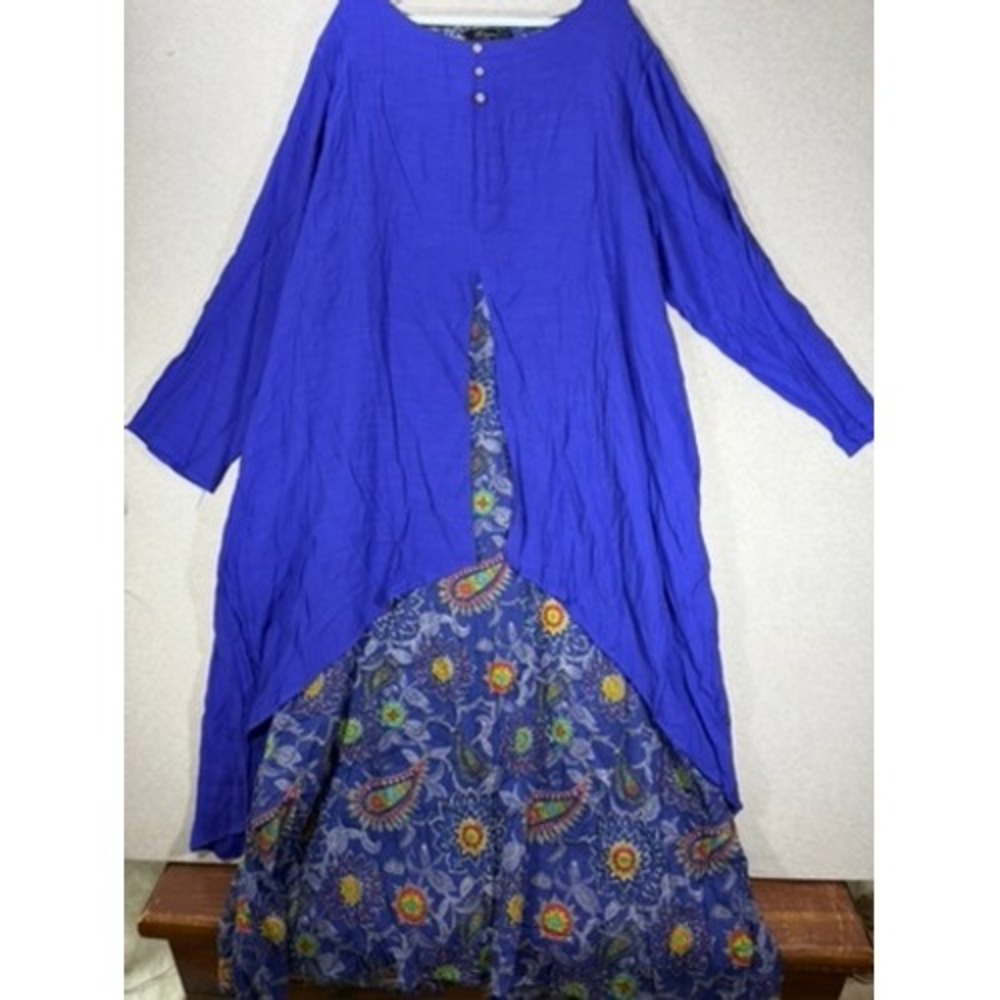 O-neue Maxi‎ Dress Womens 5XL Blue NWT Boho Paisley Layered Long Sleeve